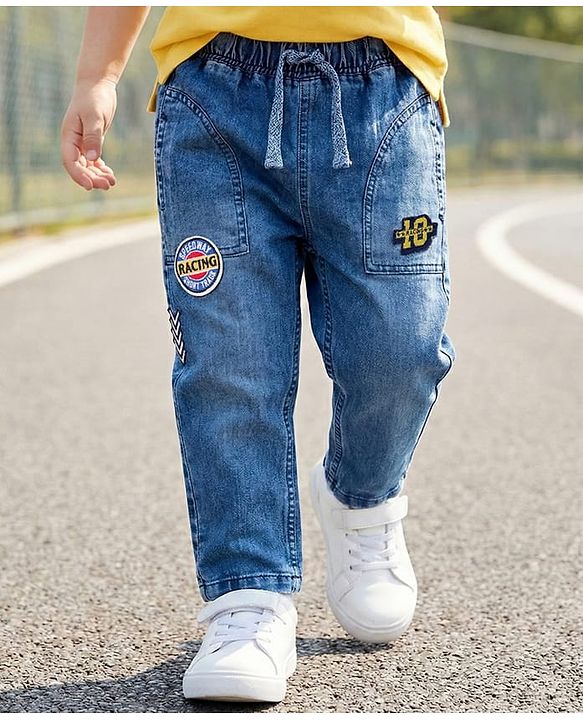 Babyhug Full Length Washed Denim Jeans With Stretch & Patch Detailing - Blue