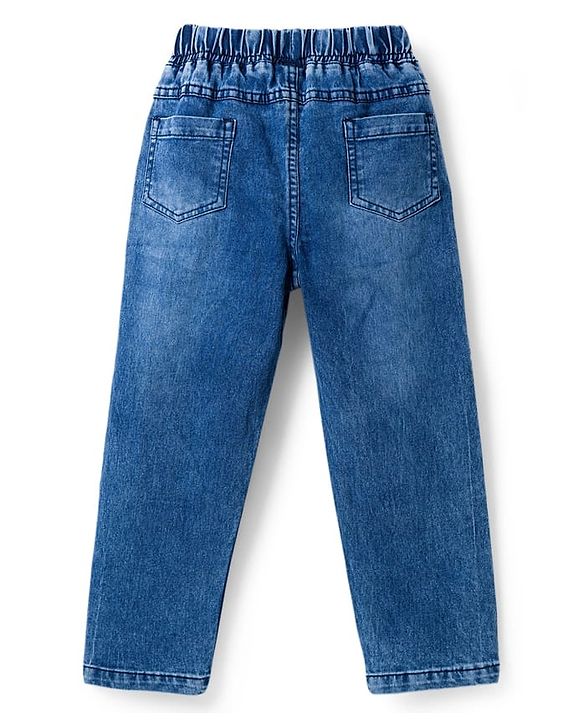 Babyhug Full Length Washed Denim Jeans With Stretch & Patch Detailing - Blue