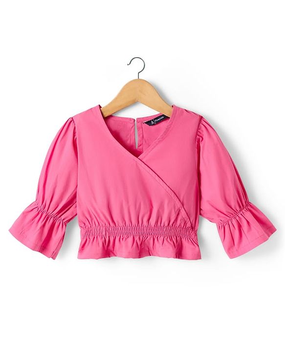Pine Kids Poplin Woven Full Sleeves Solid Top & Lounge Pant Set - Dark Pink