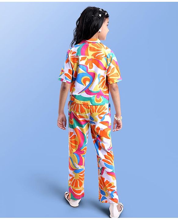 Pine Kids Single Jersey Knit Half Sleeves Co-ords Shirt & Pant Set with Floral Print - Orange