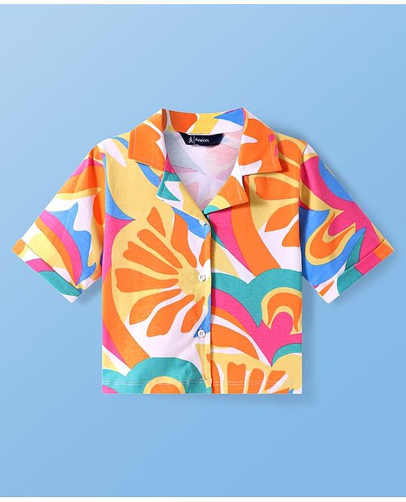 Pine Kids Single Jersey Knit Half Sleeves Co-ords Shirt & Pant Set with Floral Print - Orange