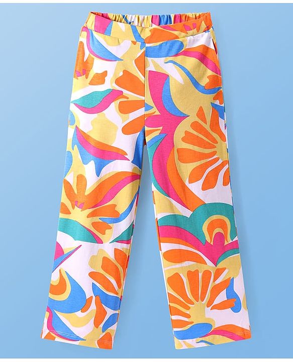 Pine Kids Single Jersey Knit Half Sleeves Co-ords Shirt & Pant Set with Floral Print - Orange