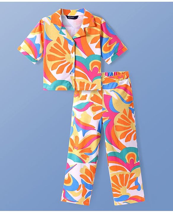Pine Kids Single Jersey Knit Half Sleeves Co-ords Shirt & Pant Set with Floral Print - Orange