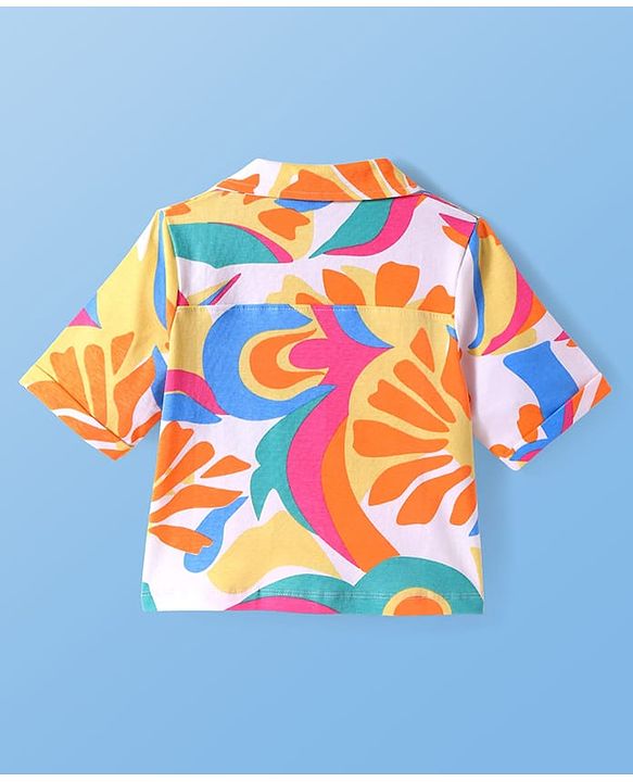 Pine Kids Single Jersey Knit Half Sleeves Co-ords Shirt & Pant Set with Floral Print - Orange