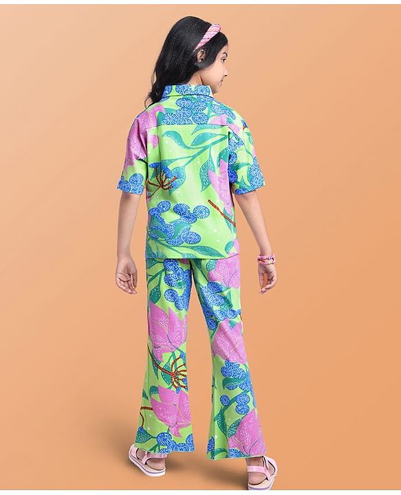 Pine Kids Single Jersey Knit Half Sleeves Shirt & Pant Co-Ords Set with Inner Tee & Floral Print - Light Green