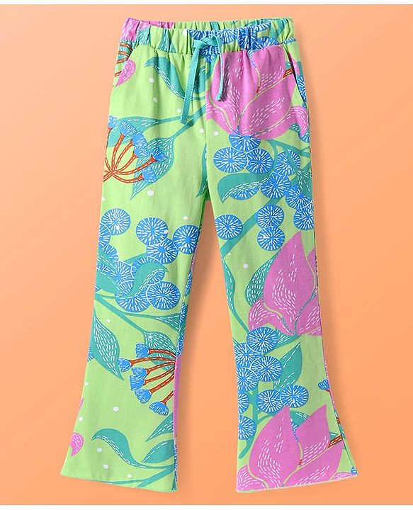 Pine Kids Single Jersey Knit Half Sleeves Shirt & Pant Co-Ords Set with Inner Tee & Floral Print - Light Green