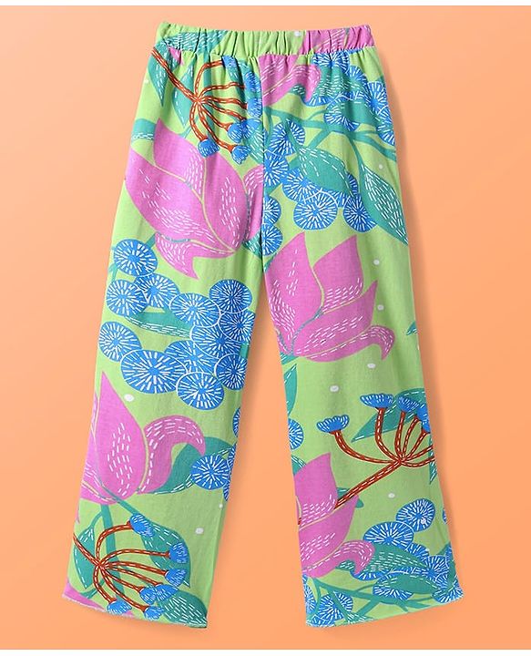 Pine Kids Single Jersey Knit Half Sleeves Shirt & Pant Co-Ords Set with Inner Tee & Floral Print - Light Green