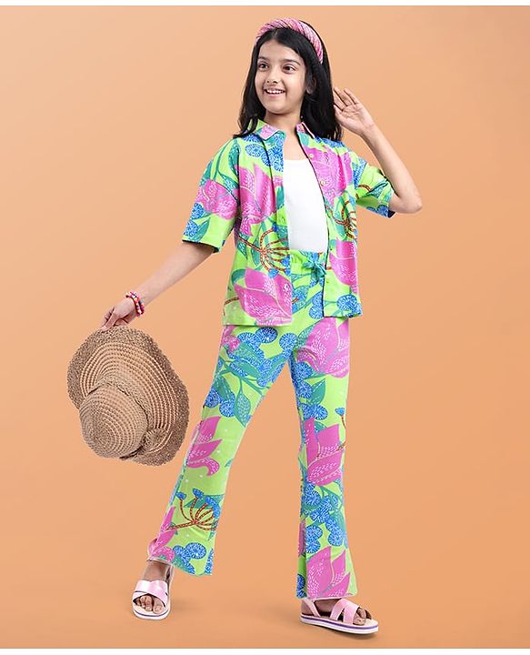 Pine Kids Single Jersey Knit Half Sleeves Shirt & Pant Co-Ords Set with Inner Tee & Floral Print - Light Green
