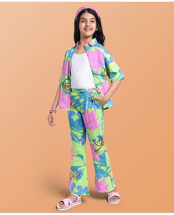 Pine Kids Single Jersey Knit Half Sleeves Shirt & Pant Co-Ords Set with Inner Tee & Floral Print - Light Green