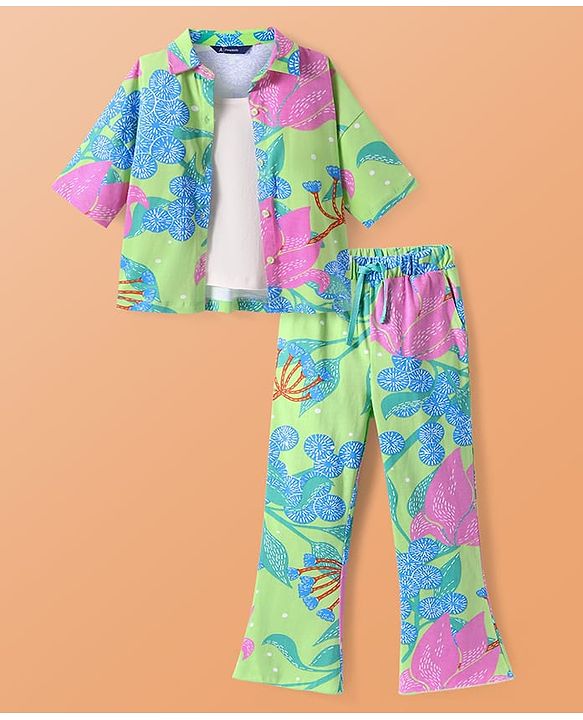 Pine Kids Single Jersey Knit Half Sleeves Shirt & Pant Co-Ords Set with Inner Tee & Floral Print - Light Green