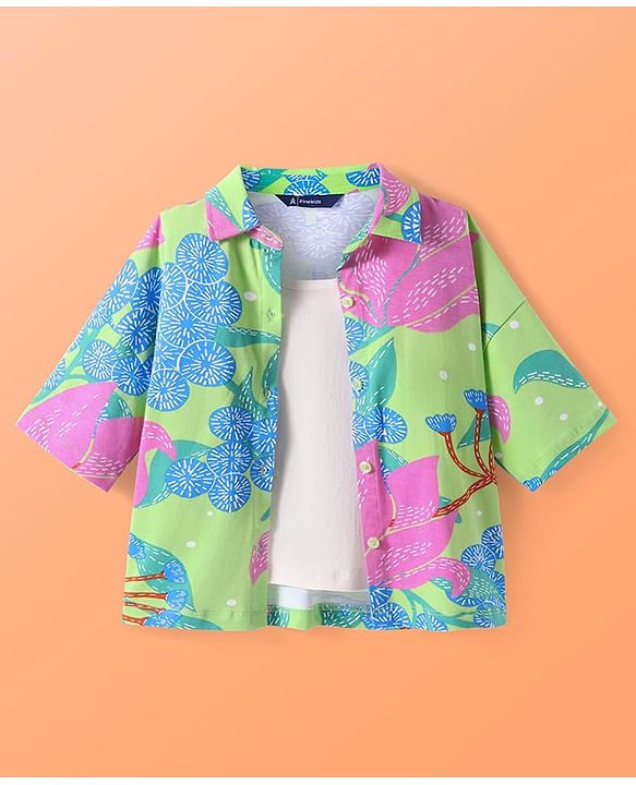 Pine Kids Single Jersey Knit Half Sleeves Shirt & Pant Co-Ords Set with Inner Tee & Floral Print - Light Green
