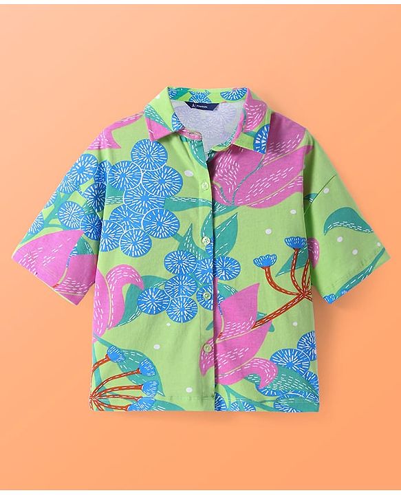 Pine Kids Single Jersey Knit Half Sleeves Shirt & Pant Co-Ords Set with Inner Tee & Floral Print - Light Green