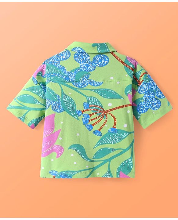 Pine Kids Single Jersey Knit Half Sleeves Shirt & Pant Co-Ords Set with Inner Tee & Floral Print - Light Green