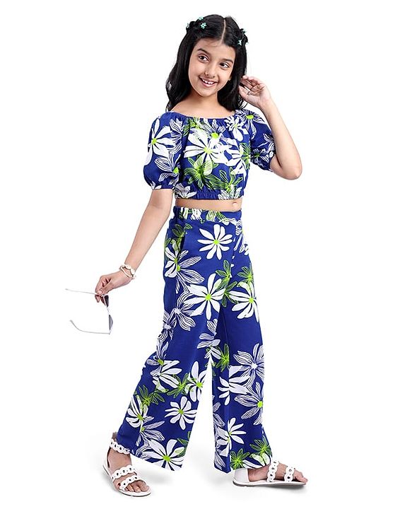 Pine Kids Single Jersey Knit Half Puffed Sleeves Co-ords Top & Pant Set with Floral Print - Navy Blue