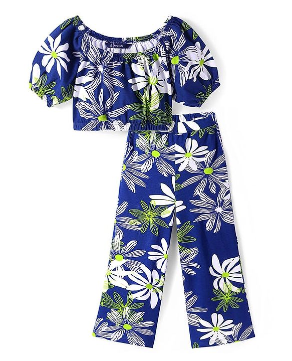 Pine Kids Single Jersey Knit Half Puffed Sleeves Co-ords Top & Pant Set with Floral Print - Navy Blue