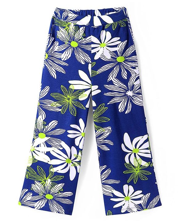 Pine Kids Single Jersey Knit Half Puffed Sleeves Co-ords Top & Pant Set with Floral Print - Navy Blue