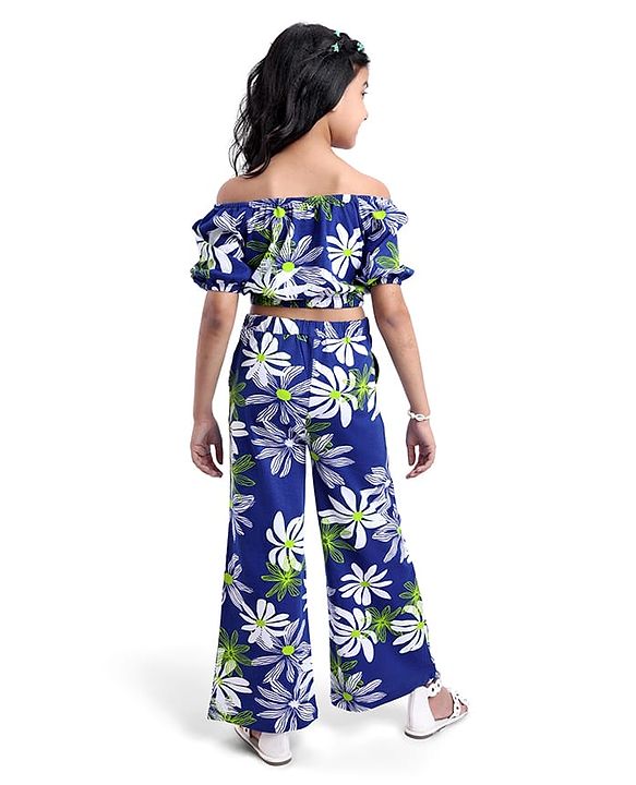 Pine Kids Single Jersey Knit Half Puffed Sleeves Co-ords Top & Pant Set with Floral Print - Navy Blue