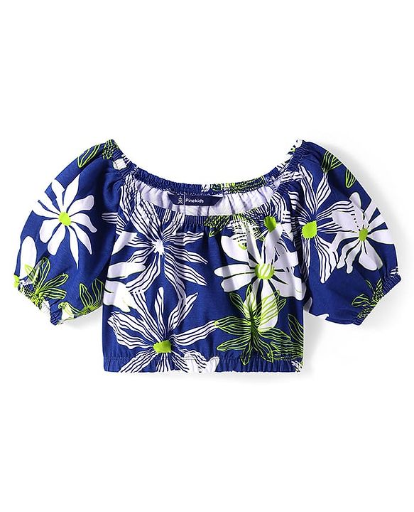 Pine Kids Single Jersey Knit Half Puffed Sleeves Co-ords Top & Pant Set with Floral Print - Navy Blue