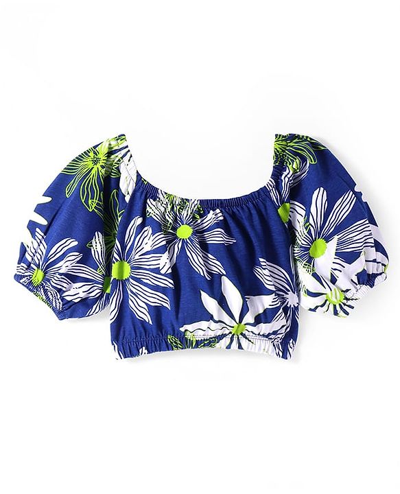 Pine Kids Single Jersey Knit Half Puffed Sleeves Co-ords Top & Pant Set with Floral Print - Navy Blue