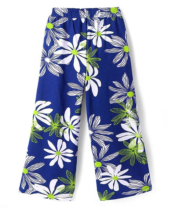 Pine Kids Single Jersey Knit Half Puffed Sleeves Co-ords Top & Pant Set with Floral Print - Navy Blue