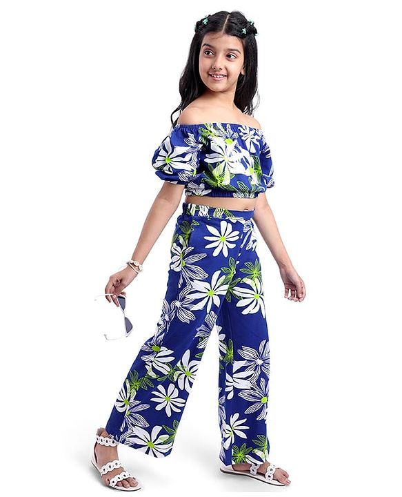Pine Kids Single Jersey Knit Half Puffed Sleeves Co-ords Top & Pant Set with Floral Print - Navy Blue