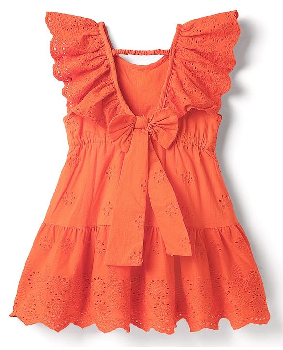 Babyhug Cotton Woven Sleeveless Frock With Schiffli Design & Bow Applique - Orange