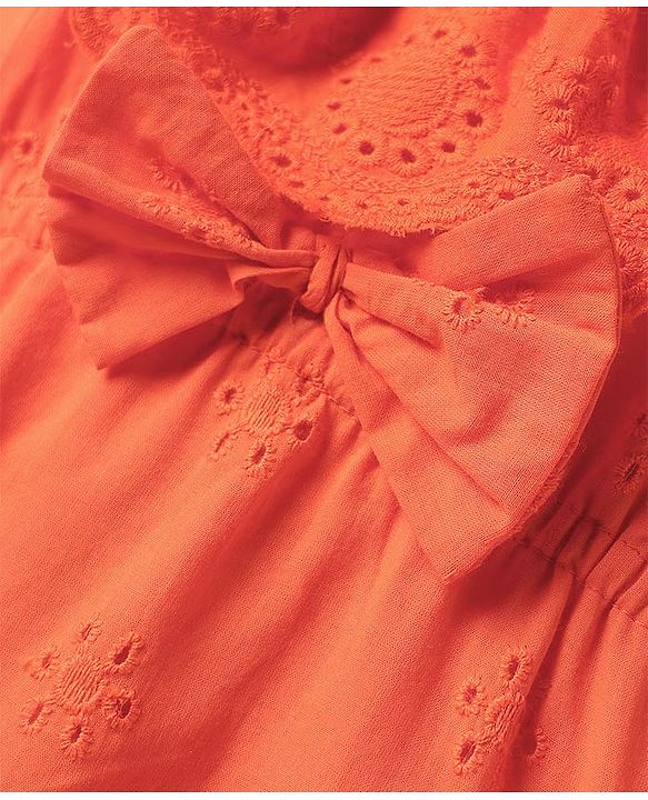 Babyhug Cotton Woven Sleeveless Frock With Schiffli Design & Bow Applique - Orange