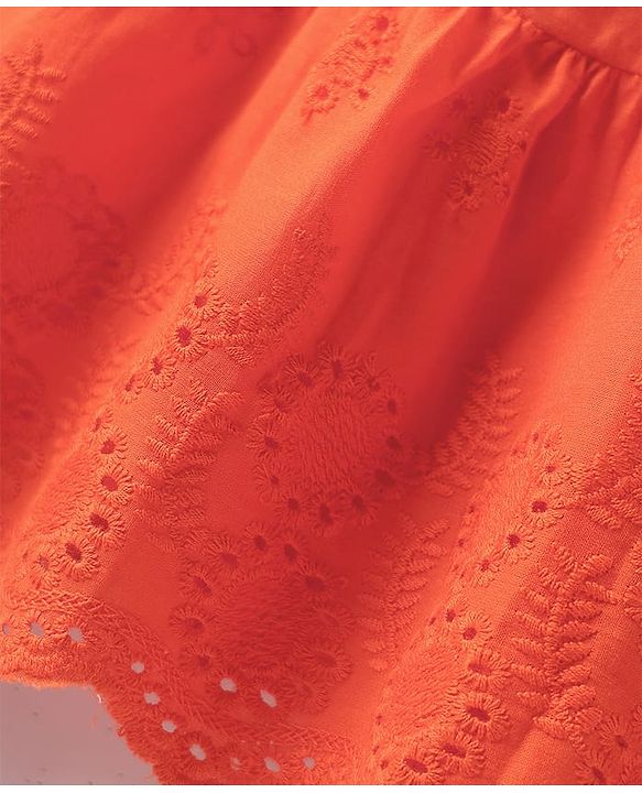 Babyhug Cotton Woven Sleeveless Frock With Schiffli Design & Bow Applique - Orange