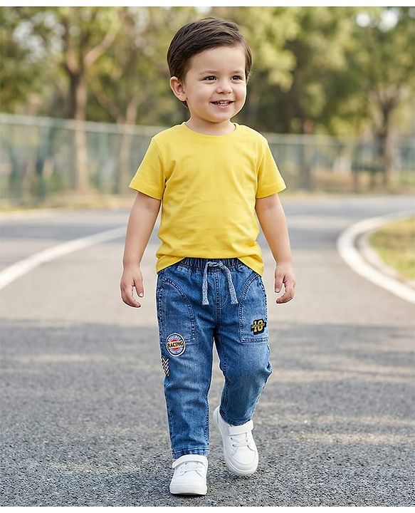 Babyhug Full Length Washed Denim Jeans With Stretch & Patch Detailing - Blue