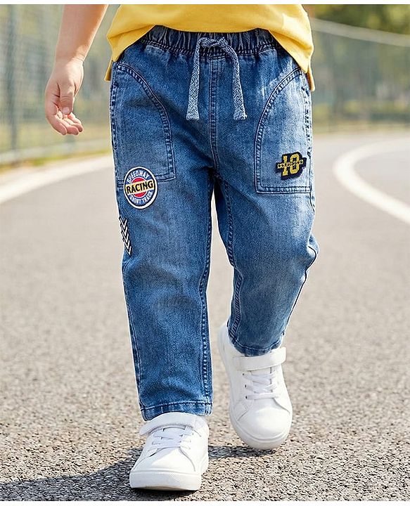 Babyhug Full Length Washed Denim Jeans With Stretch & Patch Detailing - Blue