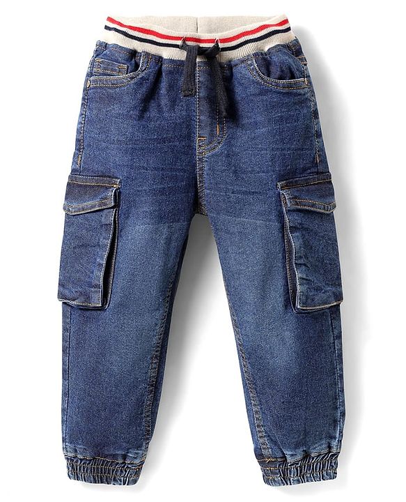 Babyhug Cotton Denim Full Length Washed Joggers with Stretch & Pocket - Blue