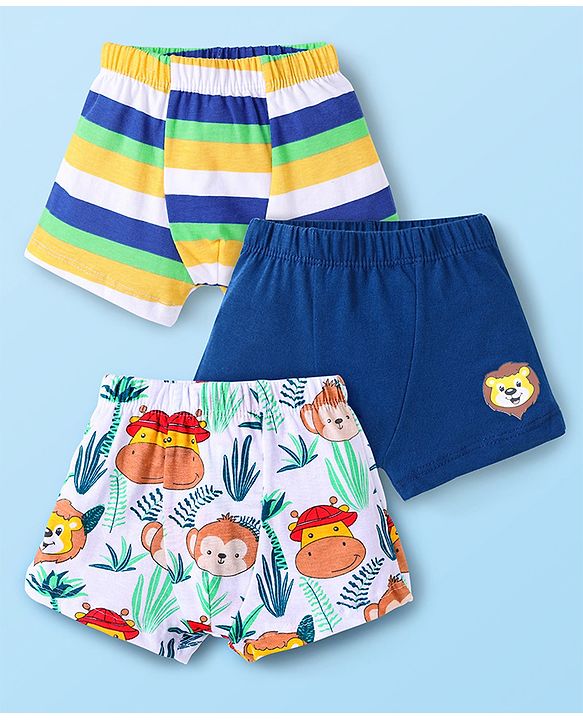 Babyhug 100% Cotton Single Jersey Knit Antibacterial Trunks With Stripes & Animal Print Pack Of 3 - Blue Yellow & White