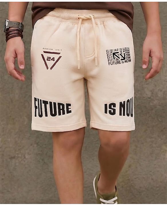 Pine Kids Looper Knit Knee Length Shorts with Text Print - Beige