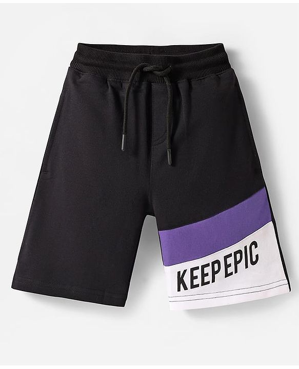 Pine Kids Looper Knit Knee Lenght Cut & Sew Shorts with Text Print - Black