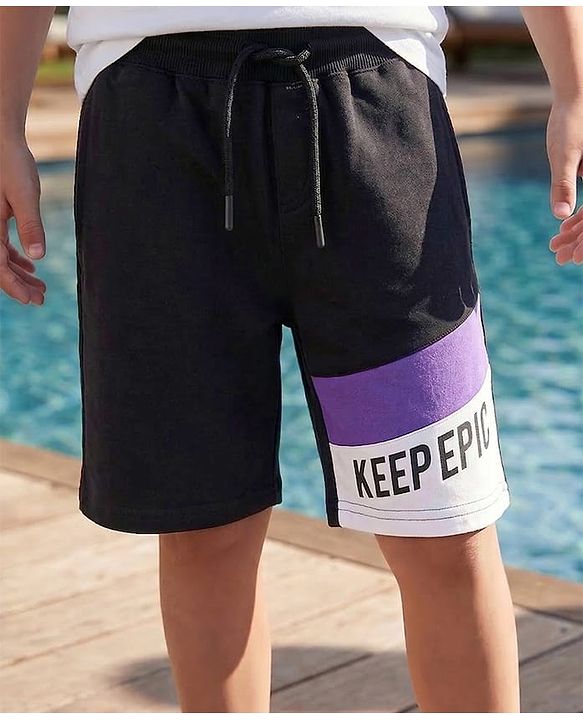 Pine Kids Looper Knit Knee Lenght Cut & Sew Shorts with Text Print - Black