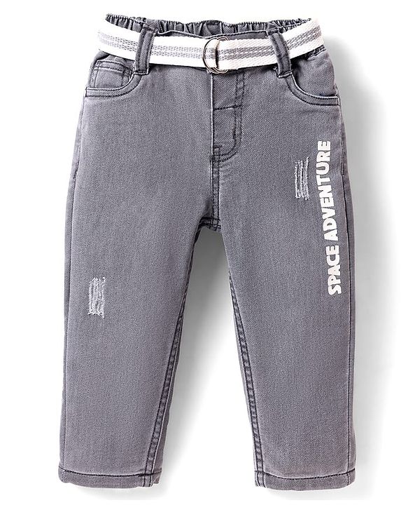 Babyhug Cotton Denim Full Length Washed Jeans with Stretch & Belt - Grey