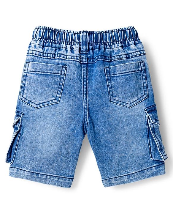 Babyhug Above Knee Length Denim Bermuda With Stretch & Text Embroidery - Blue