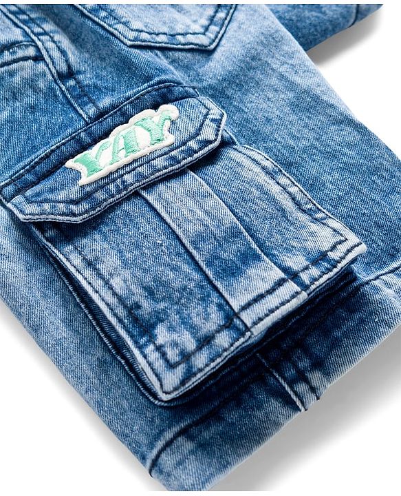 Babyhug Above Knee Length Denim Bermuda With Stretch & Text Embroidery - Blue