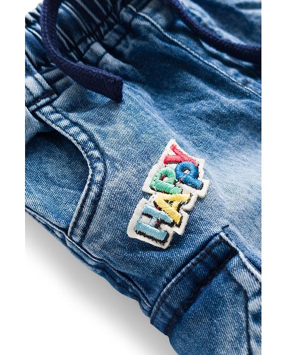 Babyhug Above Knee Length Denim Bermuda With Stretch & Text Embroidery - Blue