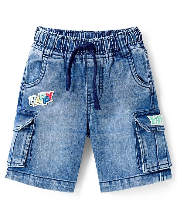 Babyhug Above Knee Length Denim Bermuda With Stretch & Text Embroidery - Blue