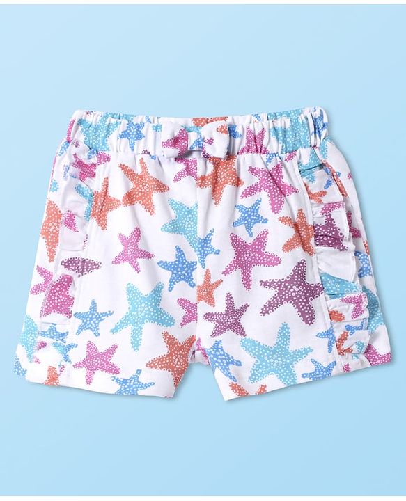 Babyhug Cotton Knit Mid Thigh Shorts with Star Print  & Bow Applique - White