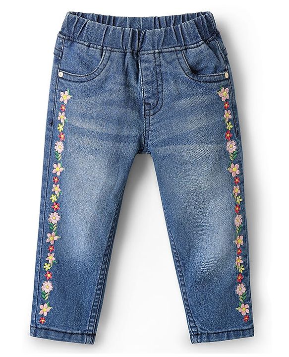Babyhug Full Length  Denim Jeggings With Stretch Floral Embroidery - Blue