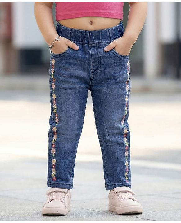 Babyhug Full Length Washed Denim Jeggings with Stretch & Floral Applique - Blue