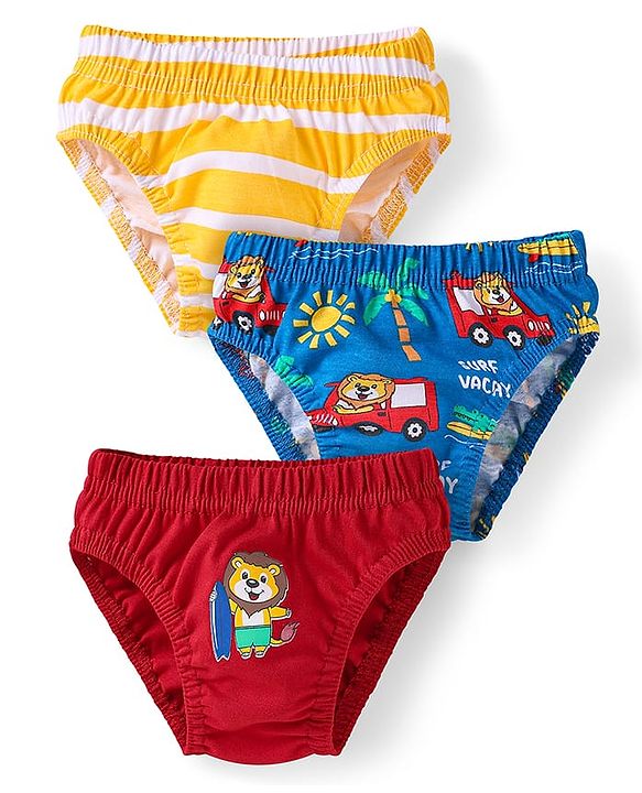 Babyhug 100% Cotton Knit Antibacterial Briefs With Stripes & Animal Print Pack Of 3 - Navy Blue & Yellow