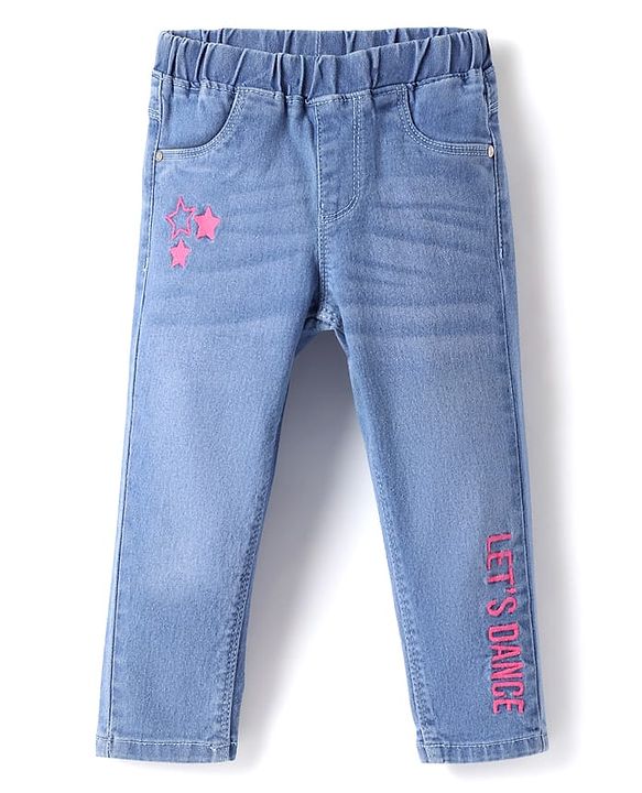 Babyhug Full Length Washed Denim Jeggings with Stretch & Text Embroidery - Light Blue
