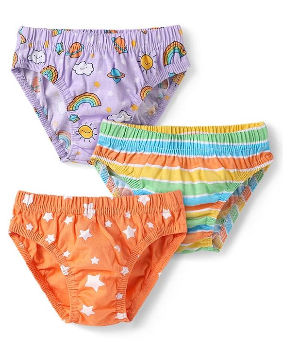 Babyhug 100% Cotton Single Jersey Knit Briefs With Star Striped & Rainbow Print Pack Of 3 - Orange Purple & Green