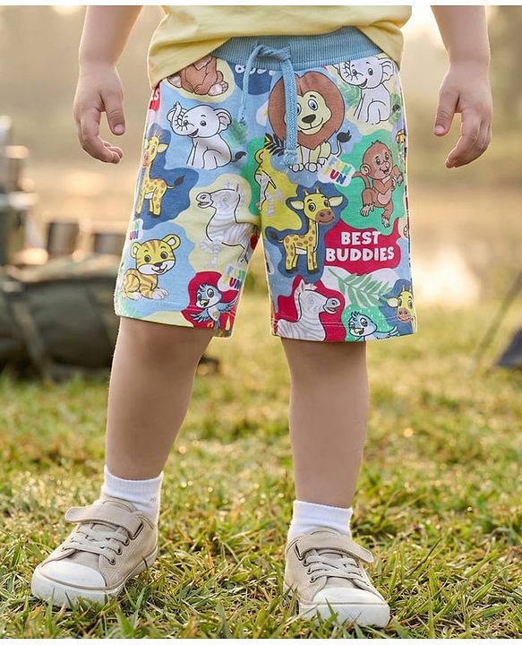Babyhug Cotton Knit  Mid Thigh Shorts with Animal Print - Blue
