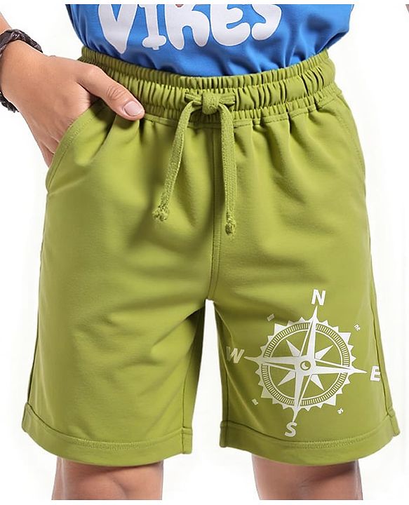 Pine Kids Looper Knit Above Knee Length Shorts With Compass Print - Olive Green
