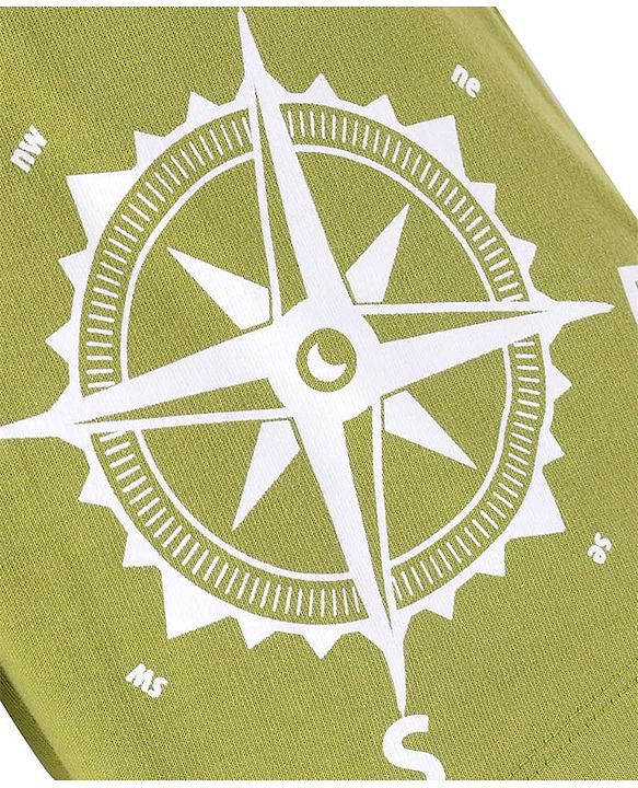 Pine Kids Looper Knit Above Knee Length Shorts With Compass Print - Olive Green