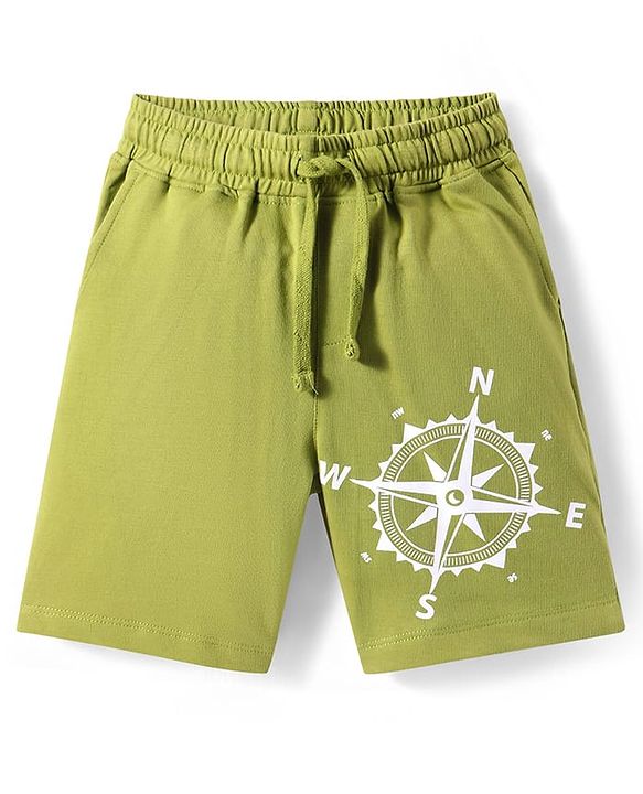 Pine Kids Looper Knit Above Knee Length Shorts With Compass Print - Olive Green